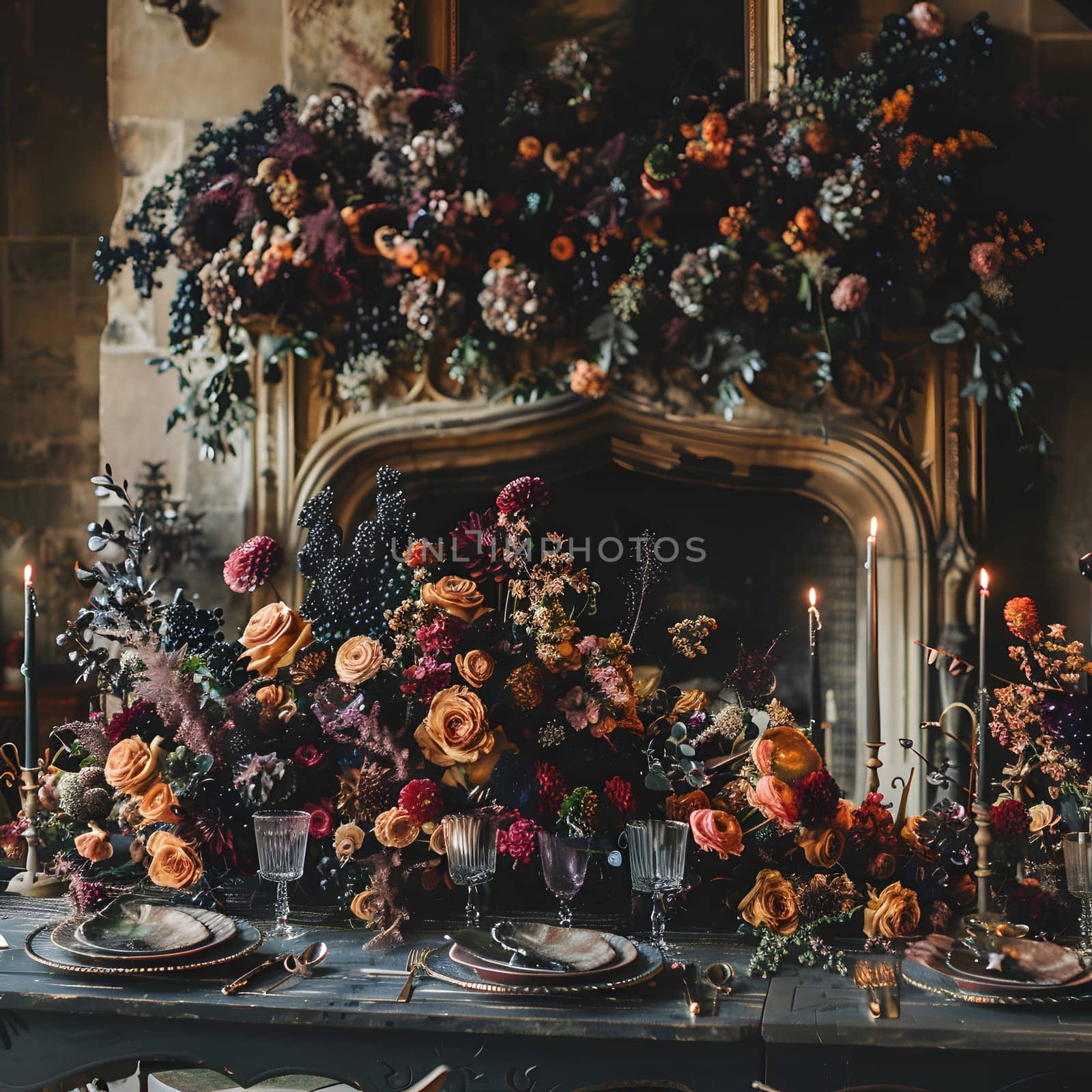 A creative arts event featuring flower arranging with roses and other flowers as ornaments. Christmas decorations, candles, plates in front of a fireplace