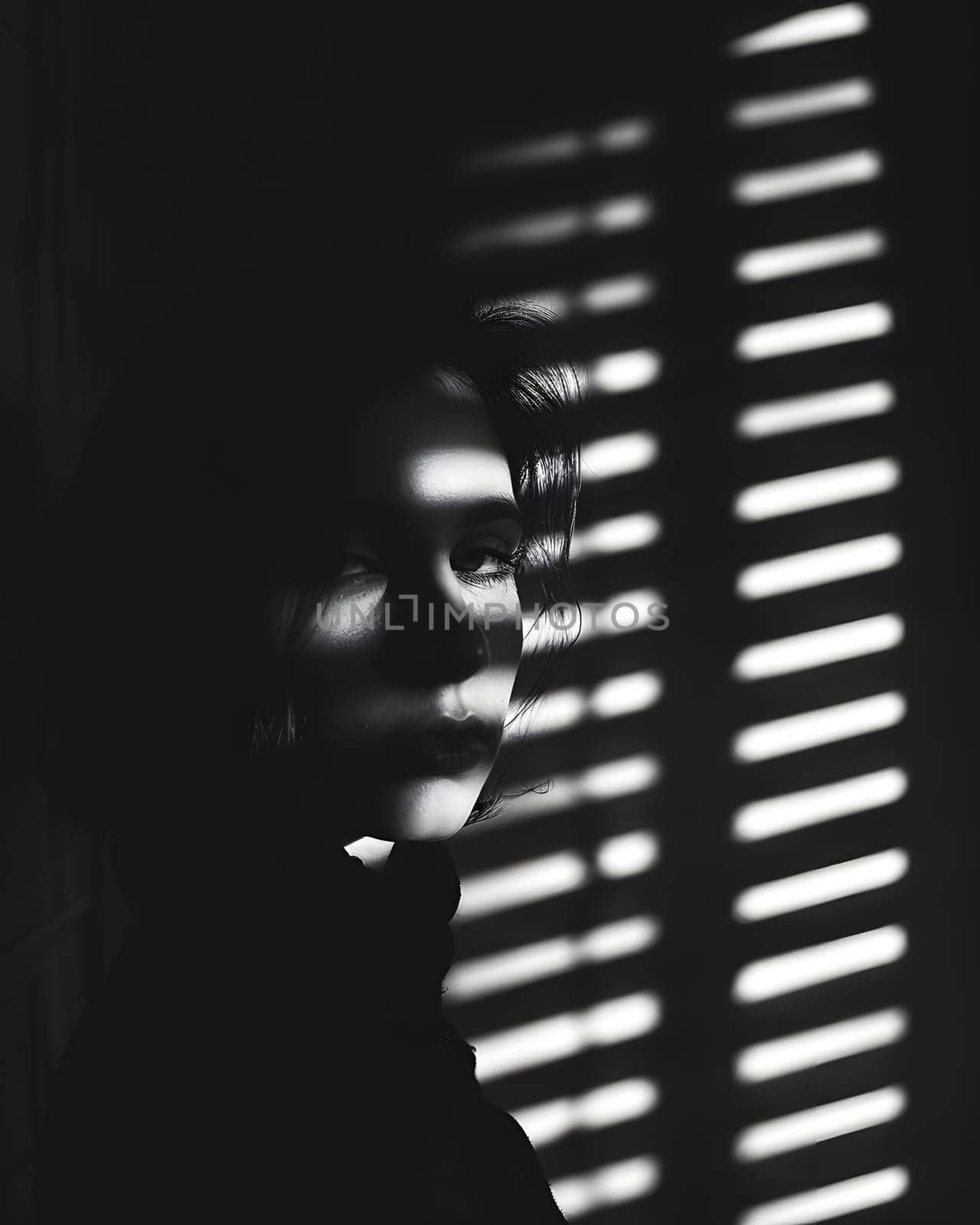 A womans face is captured in a black and white photo behind blinds, creating a pattern of tints and shades with a sense of symmetry and darkness