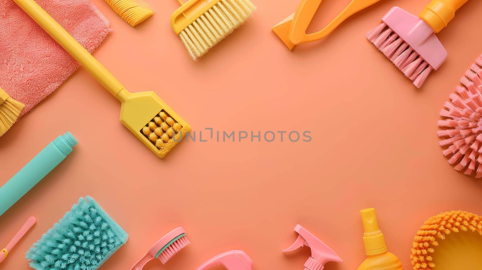 A row of pink cleaning tools including a toothbrush, a scrub brush, and a sponge. Concept of cleanliness and organization