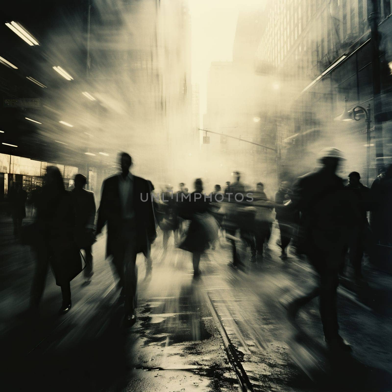 People on the street walk and stand. Black and white image with motion blur. Generated by artificial intelligence by Vovmar