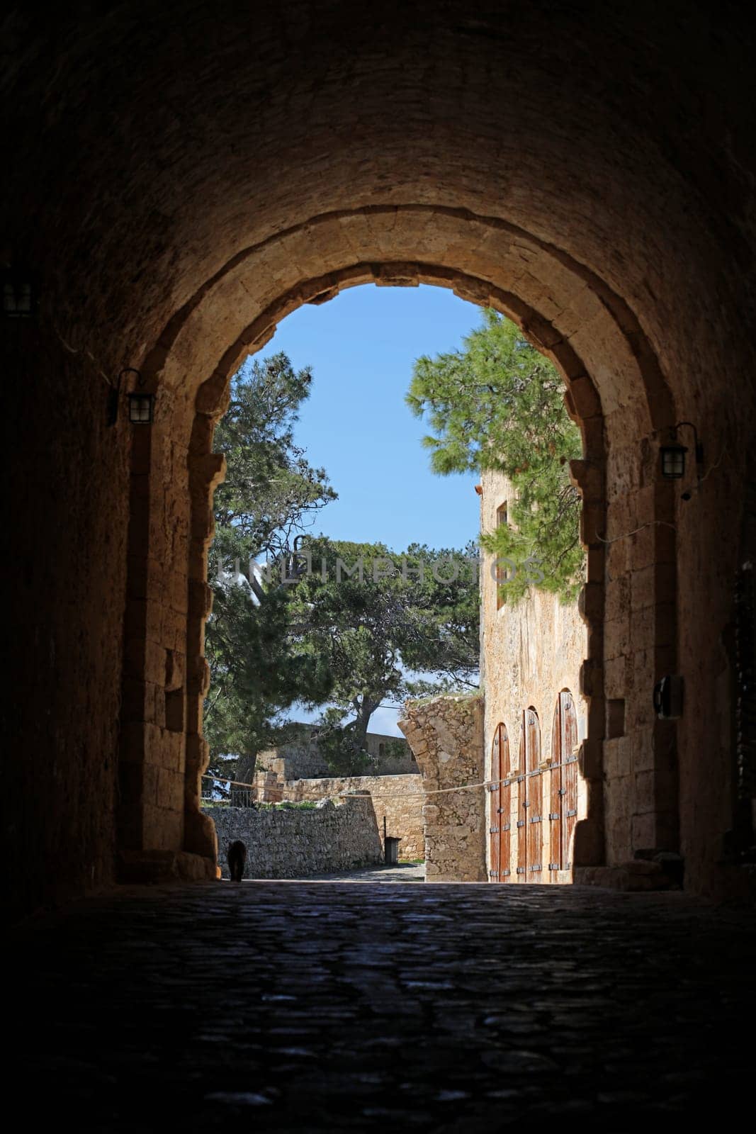 Fortezza fortress castle in Crete island holidays exploring the old ancient stone city monuments close up summer background carnival season high quality big size printings