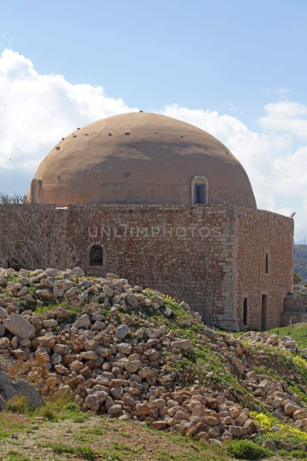 Fortezza fortress castle in Crete island Rethimno holidays exploring the old ancient stone city monuments close up summer background carnival season high quality big size printings