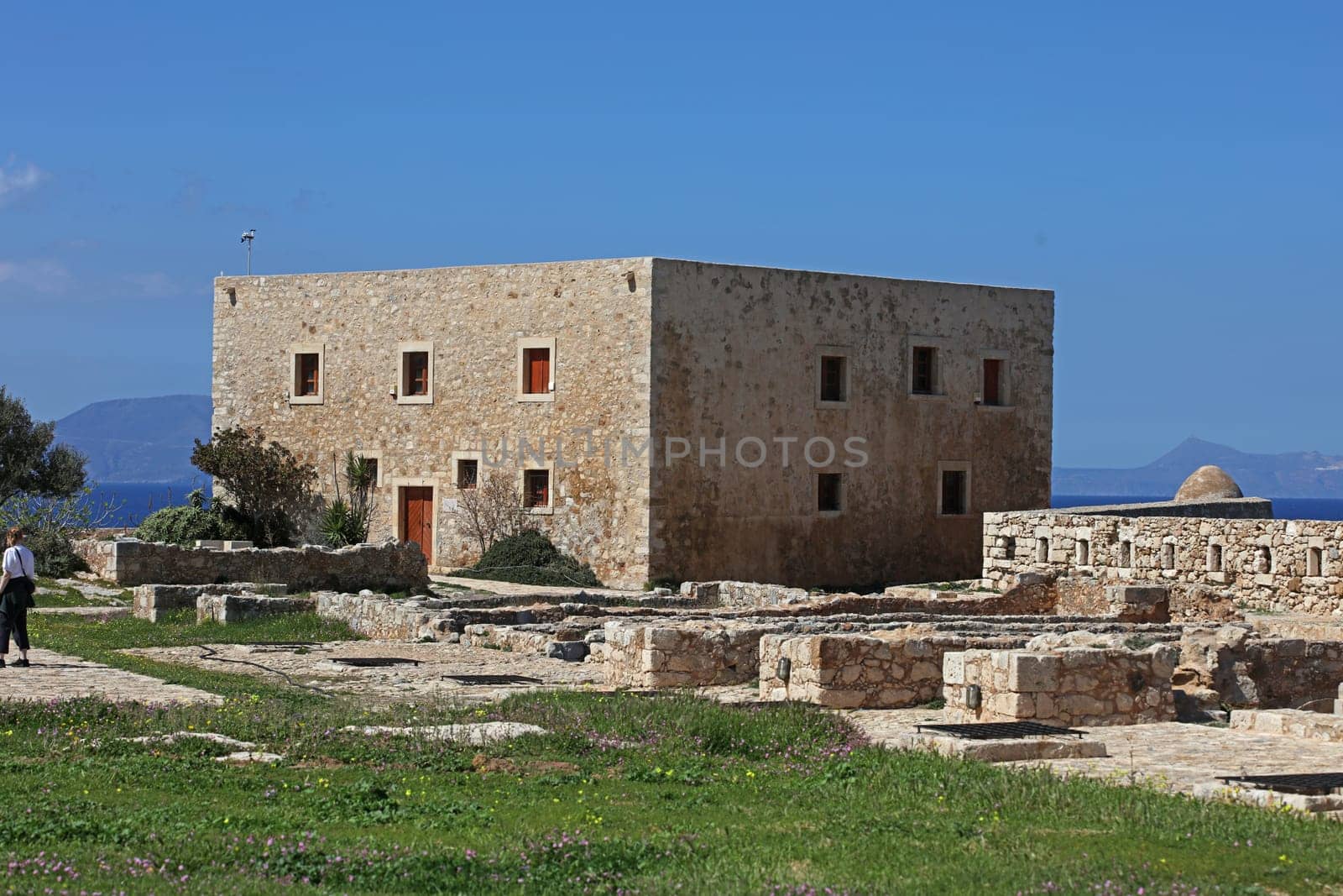 Fortezza fortress castle in Crete island Rethimno holidays exploring the old ancient stone city monuments close up summer background carnival season high quality big size printings