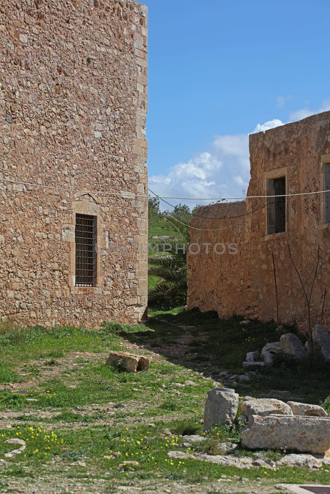 Fortezza fortress castle in Crete island Rethimno holidays exploring the old ancient stone city monuments close up summer background carnival season high quality big size printings