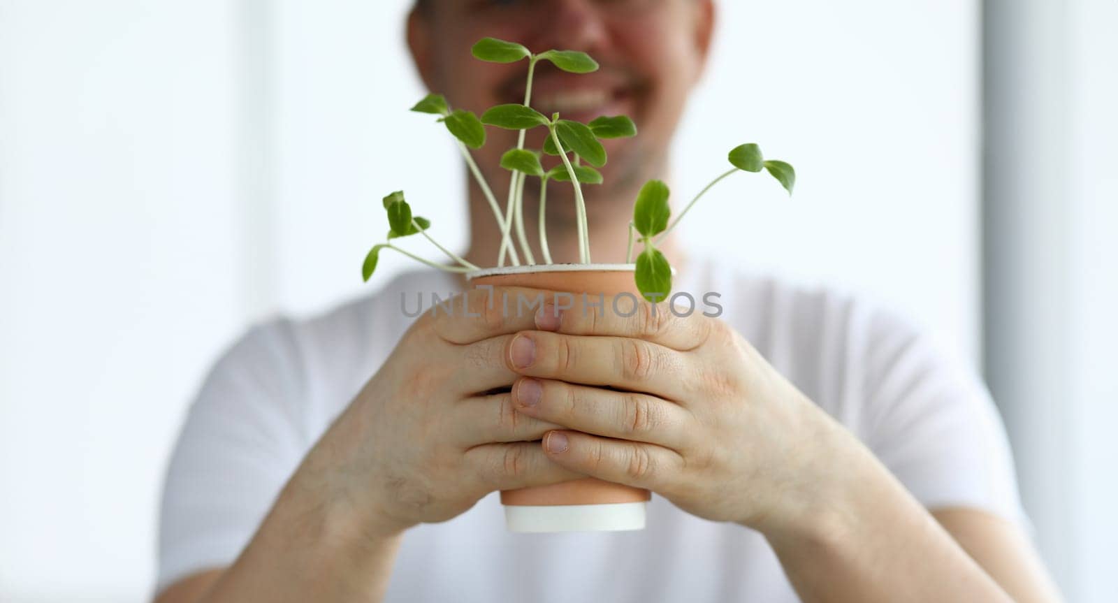 Smiling man hold pot with green shoots closeup. Home gardening concept.