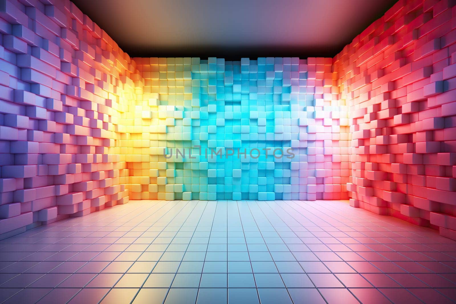 A room with colorful cubes on the walls.