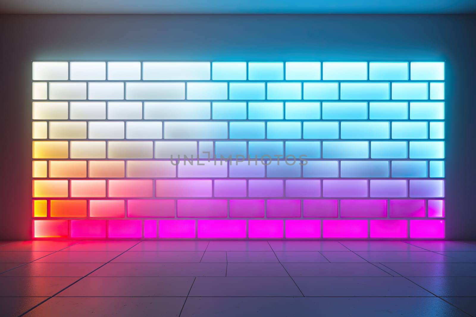 Brick wall with bright neon lighting. Generated by artificial intelligence by Vovmar