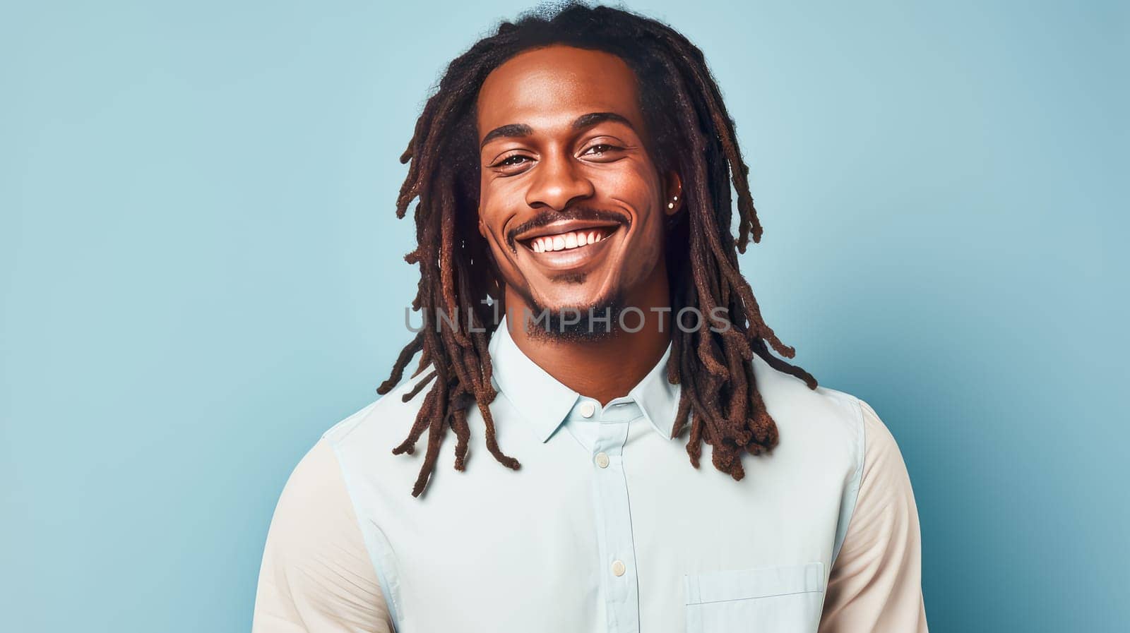 Portrait of an elegant sexy smiling African man with dark and perfect skin and long hair, on a light blue background. by Alla_Yurtayeva