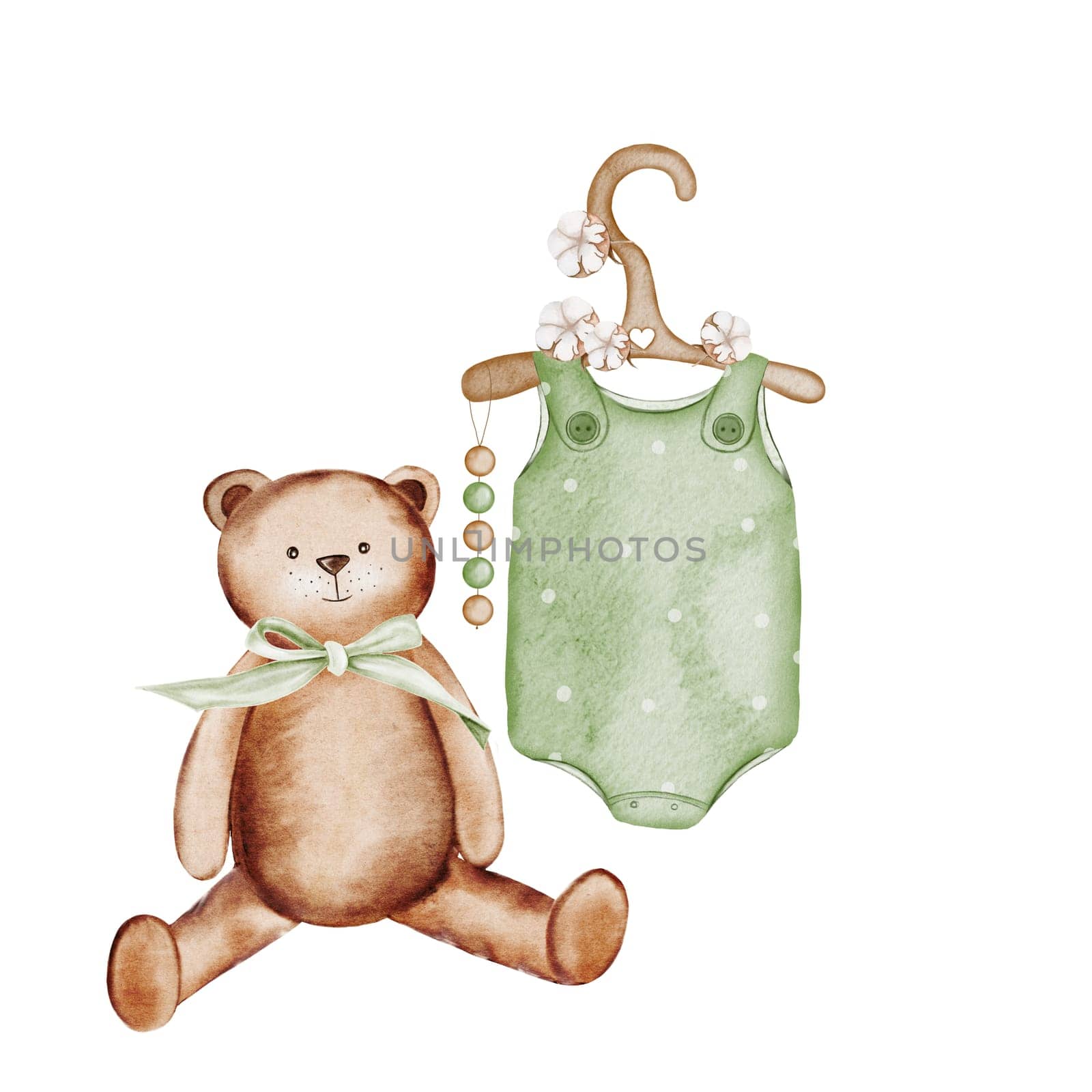 Baby set in vintage style. Watercolor hand drawn set of children's clothes and accessories with a teddy bear. Clip art isolated on white background. Ideal for designing baby shower and birthday invitations and cards. High quality illustration
