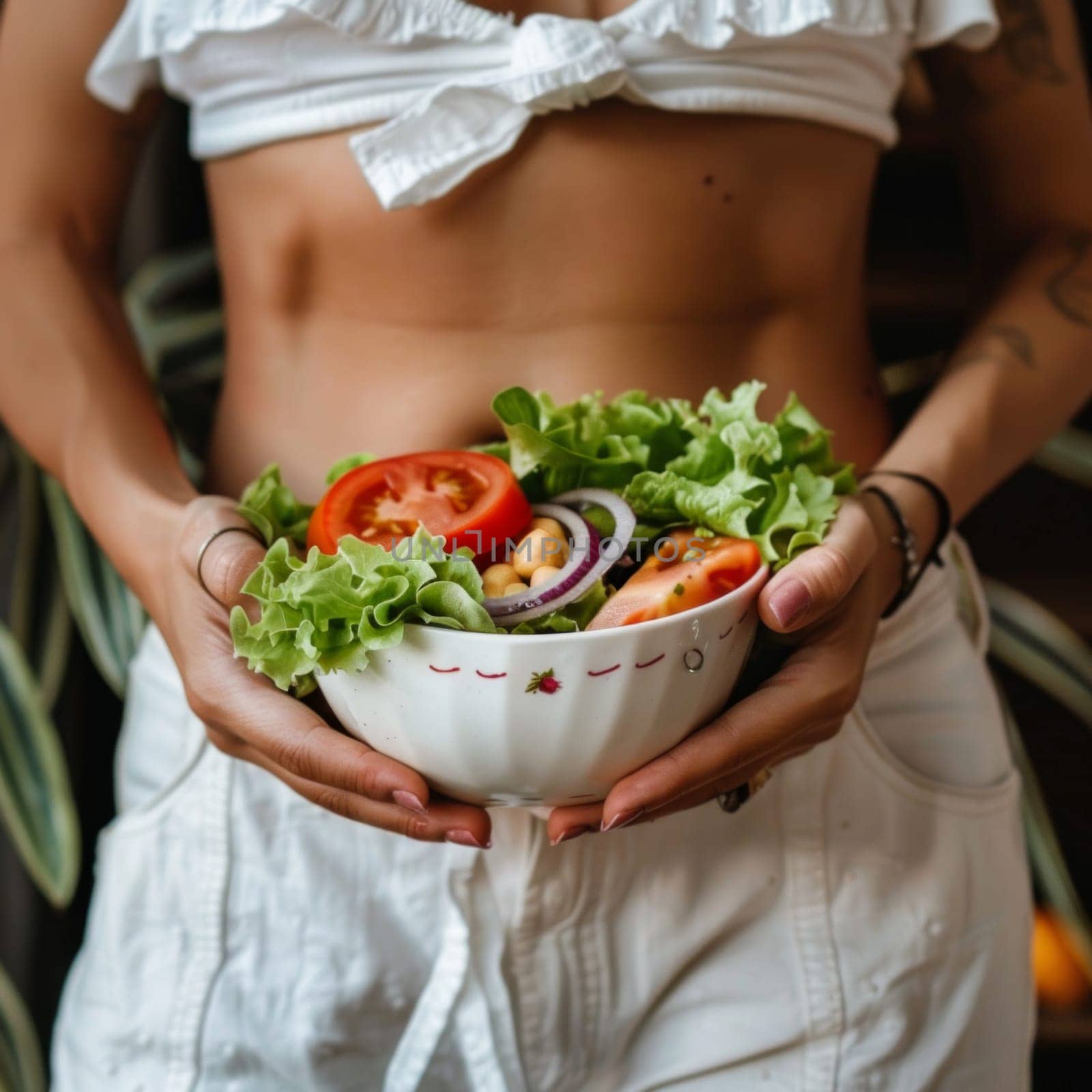 Close up of unrecognizable young woman with fit body holding a healthy salad with her hands. Weight loss concept.