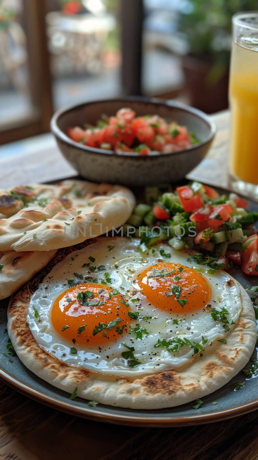 Typical Israeli breakfast with two eggs on a plate and a salad next to it in the bowl by papatonic