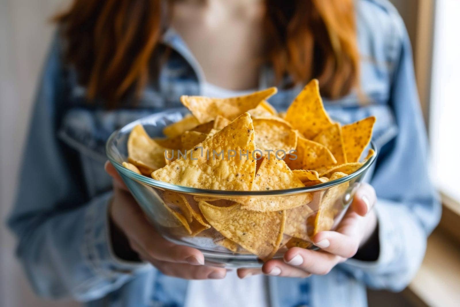 Unrecognizable mexican woman holding a transparent bowl of tortilla chips nachos by papatonic
