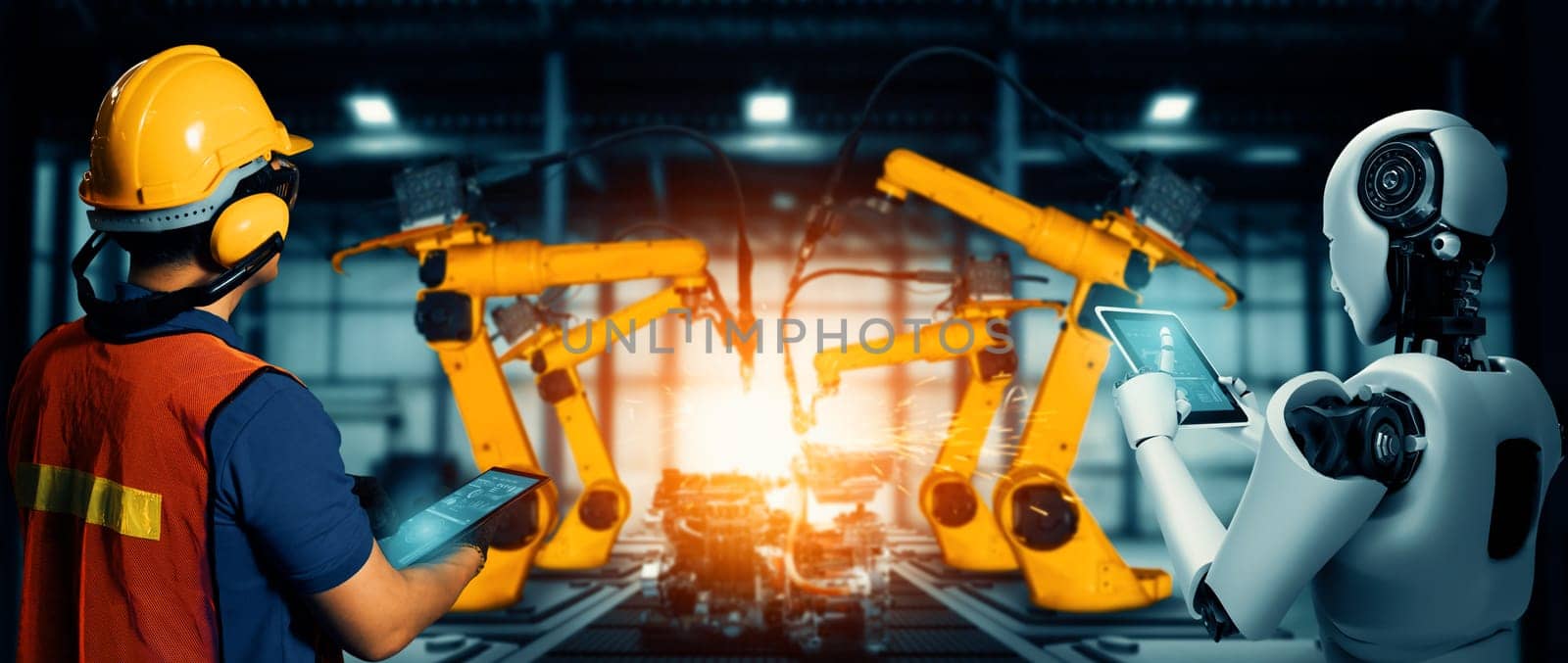 XAI Mechanized industry robot and human worker working together in future factory. Concept of artificial intelligence for industrial revolution and automation manufacturing process.