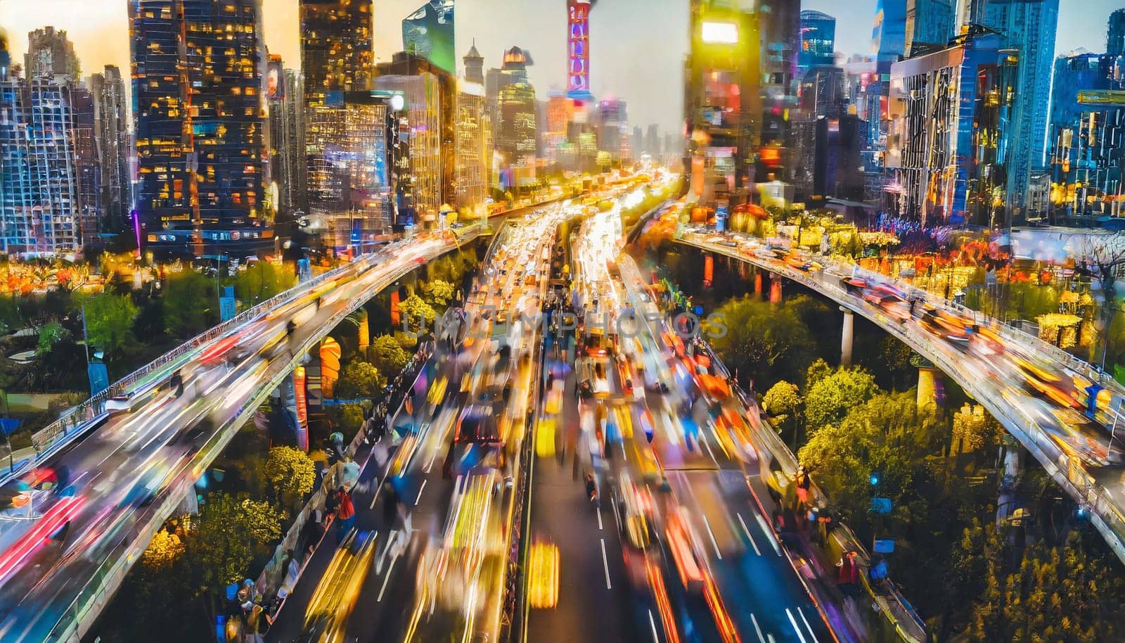 Dynamic nightfall city scene with long exposure traffic lights and urban glow,, rush hour commuting time, sunset, blurry cityscape, bokeh effect, AI generated