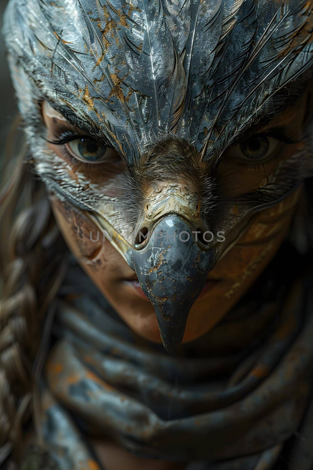 A close up of a person wearing a bird mask, showcasing intricate details like the wood texture, metal accents, and the wrinkled appearance around the eye and jaw area
