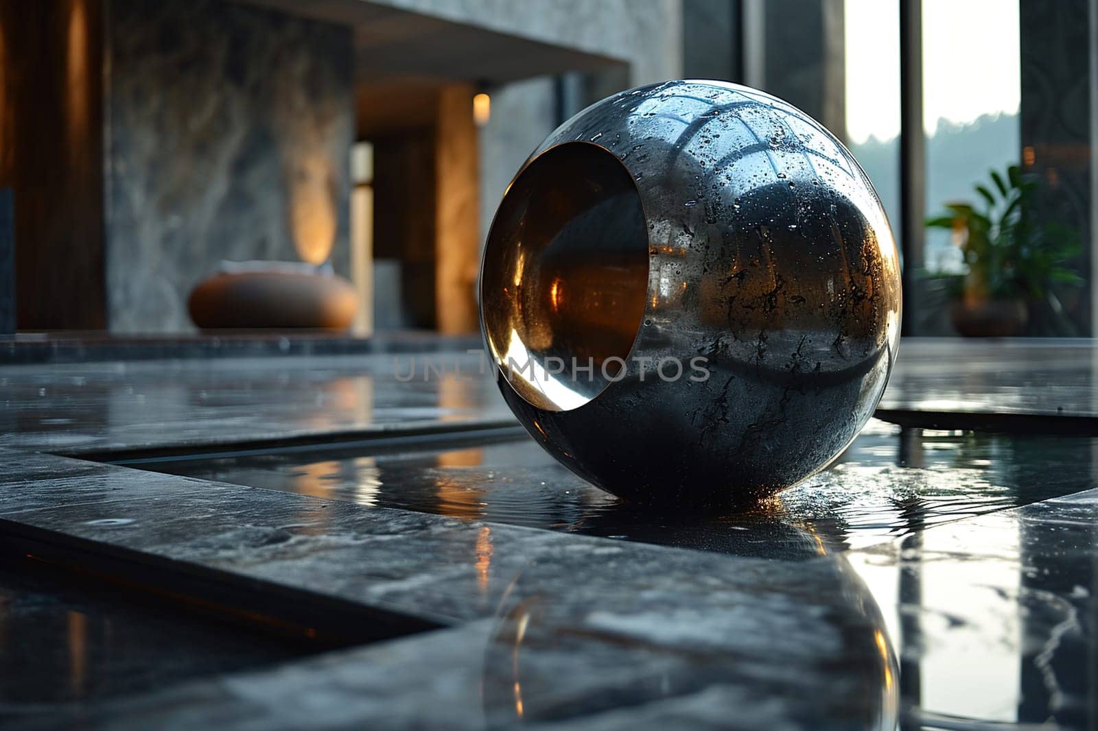 Metal 3D ball in a modern interior. Interior design in a minimalist style. Generated by artificial intelligence by Vovmar