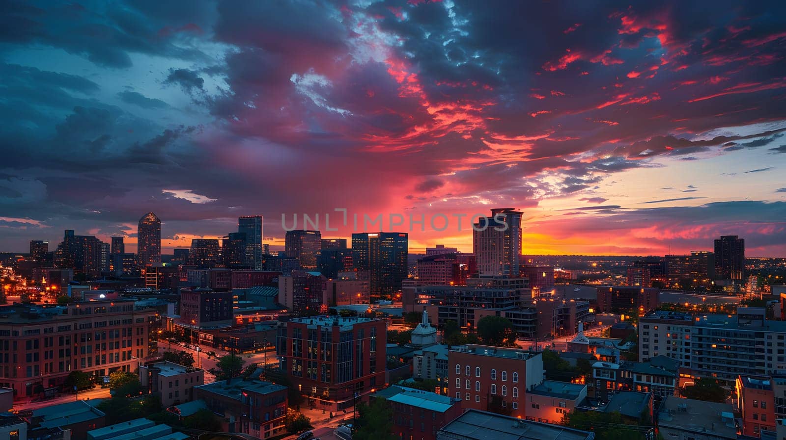 A stunning aerial view of a city at dusk, with a red sky afterglow in the background. Tower blocks and buildings dotting the horizon against a cloudy sky