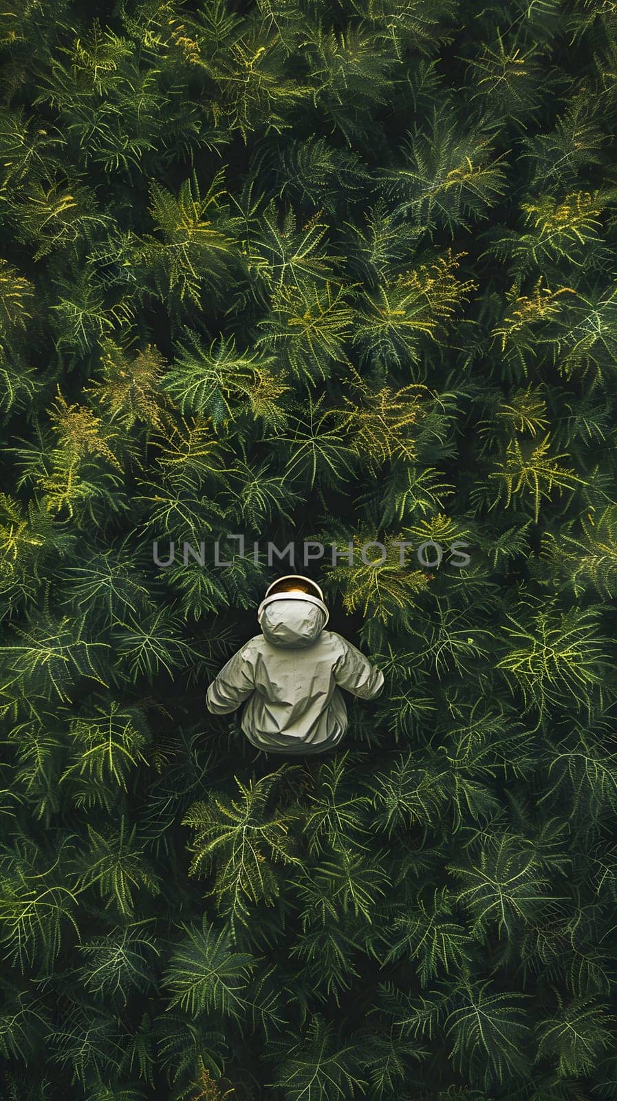 A figure in a mask sits among evergreens in a forest by Nadtochiy