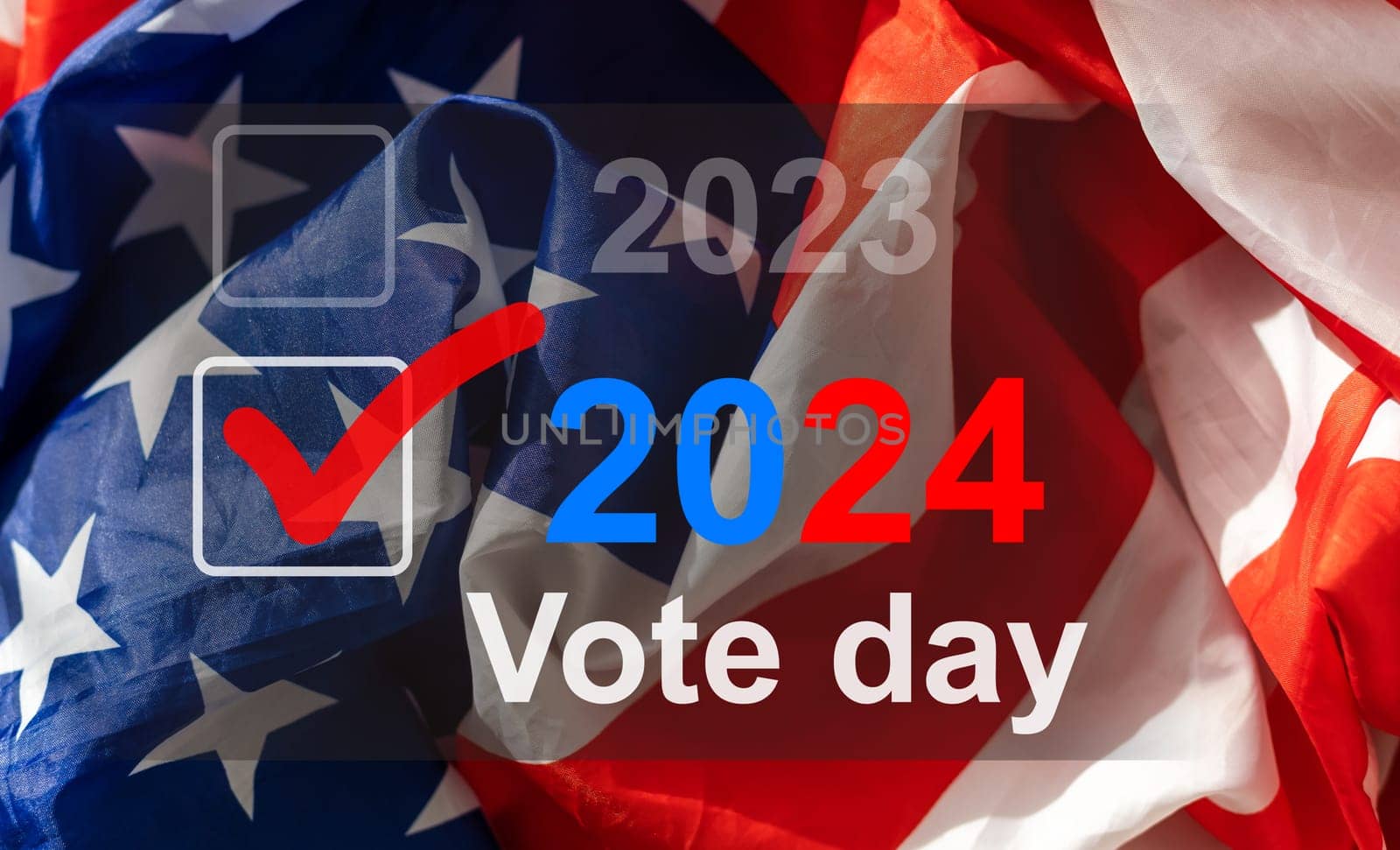2024 presidential election year in United States as illustration template on blue background wall with reflection. by Andelov13