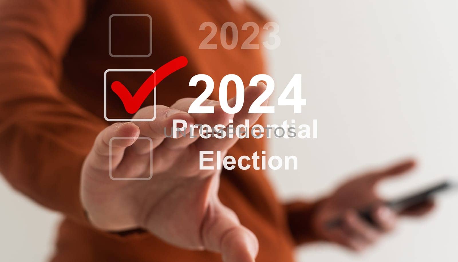Businessman pressing an Election 2024 concept button. by Andelov13