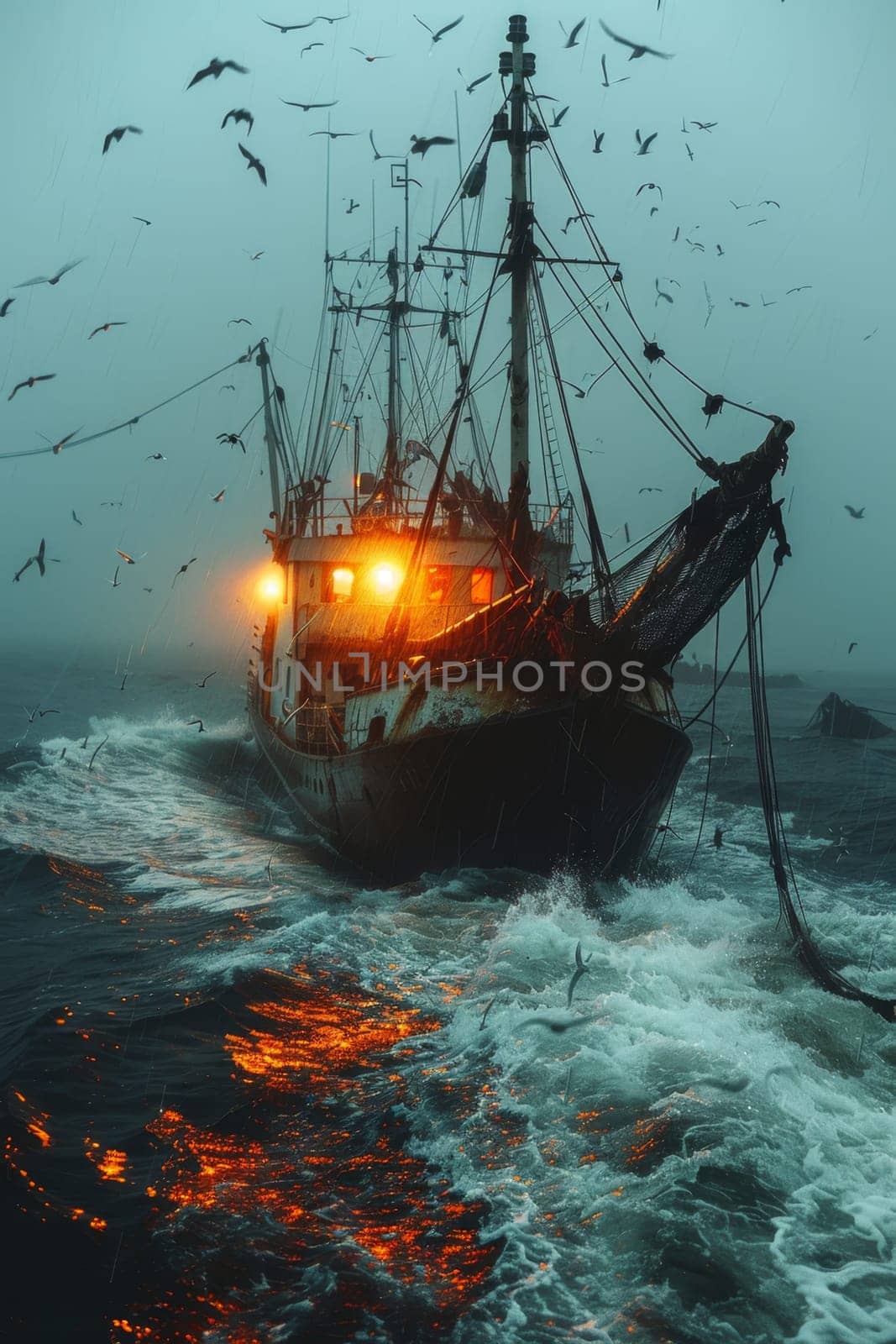 Fishing in the North Sea. Fishing boat with fishermen on the high seas by Lobachad