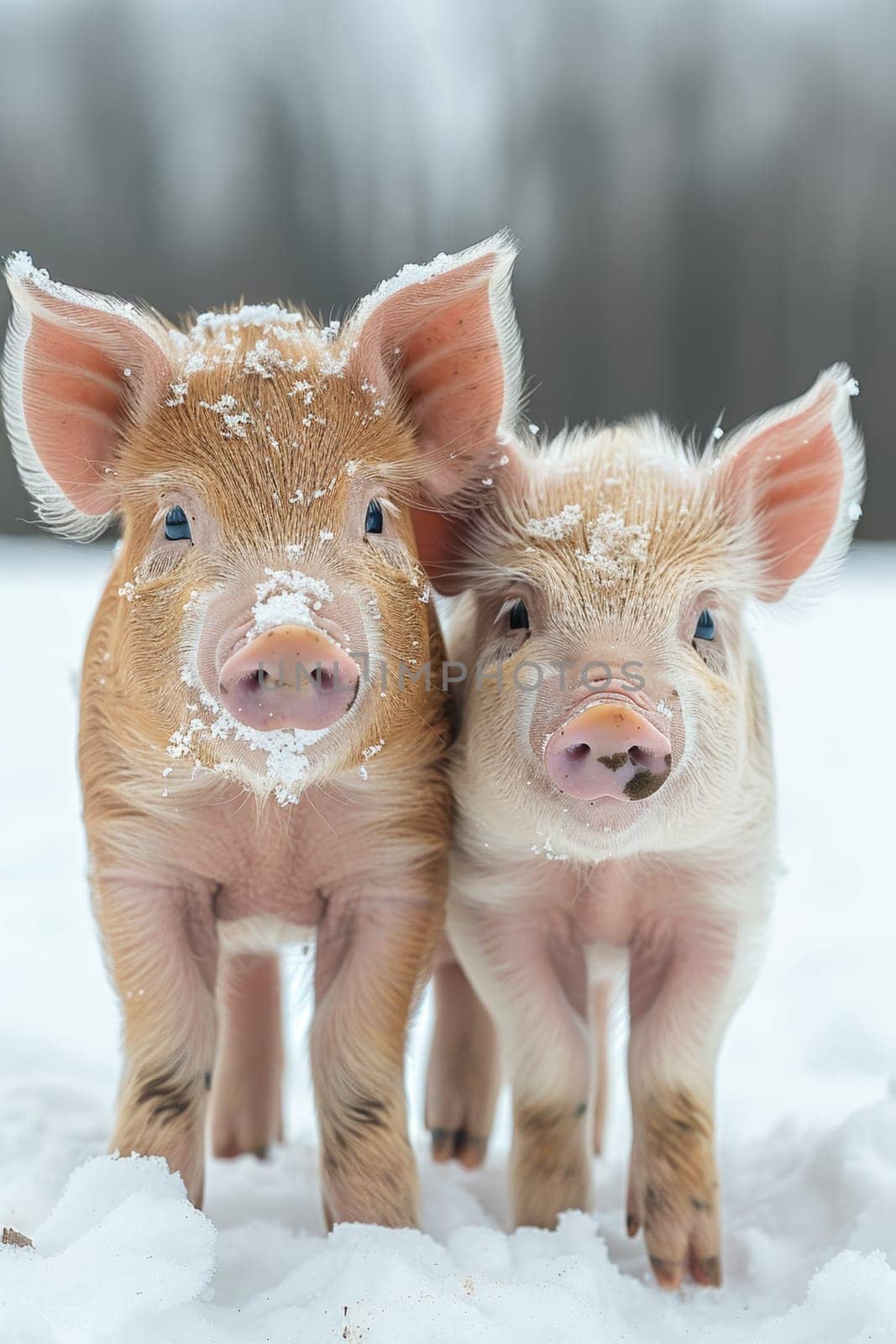 Two little pigs in winter nature.