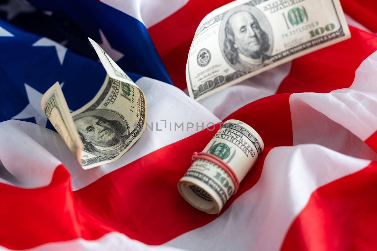 one hundred US dollars with flag of USA. save concept by Andelov13