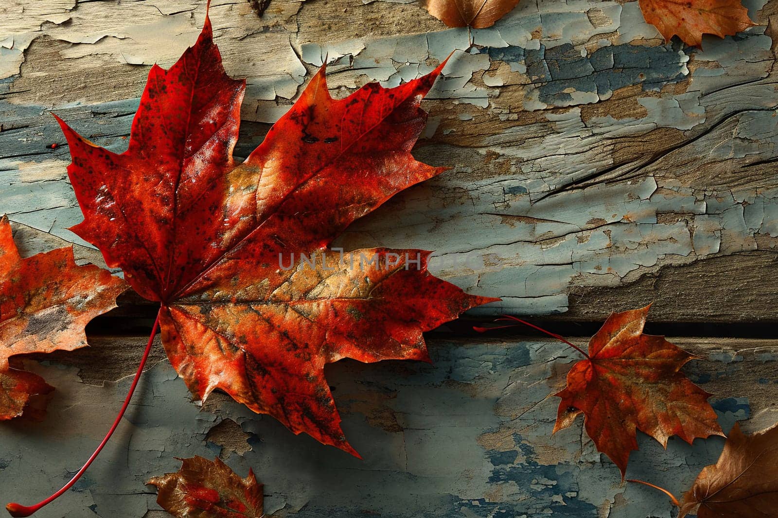 Red maple leaves on a wood background. Generated by artificial intelligence by Vovmar