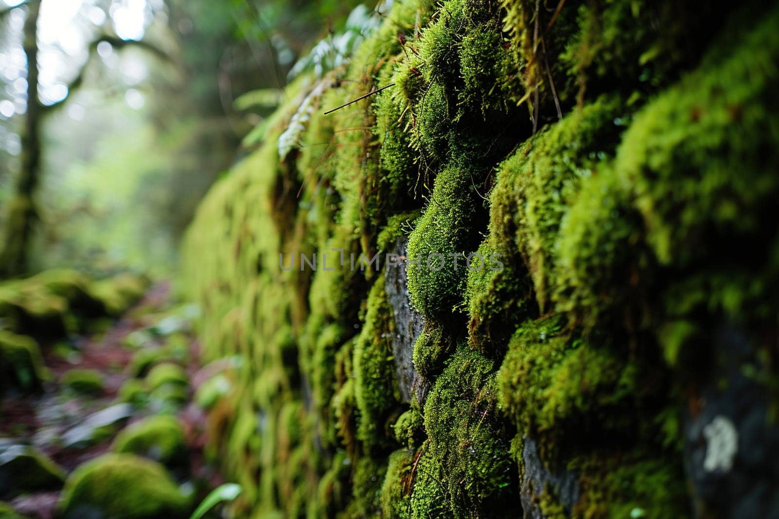 Close-up of moss on a wall in the forest. Generated by artificial intelligence by Vovmar