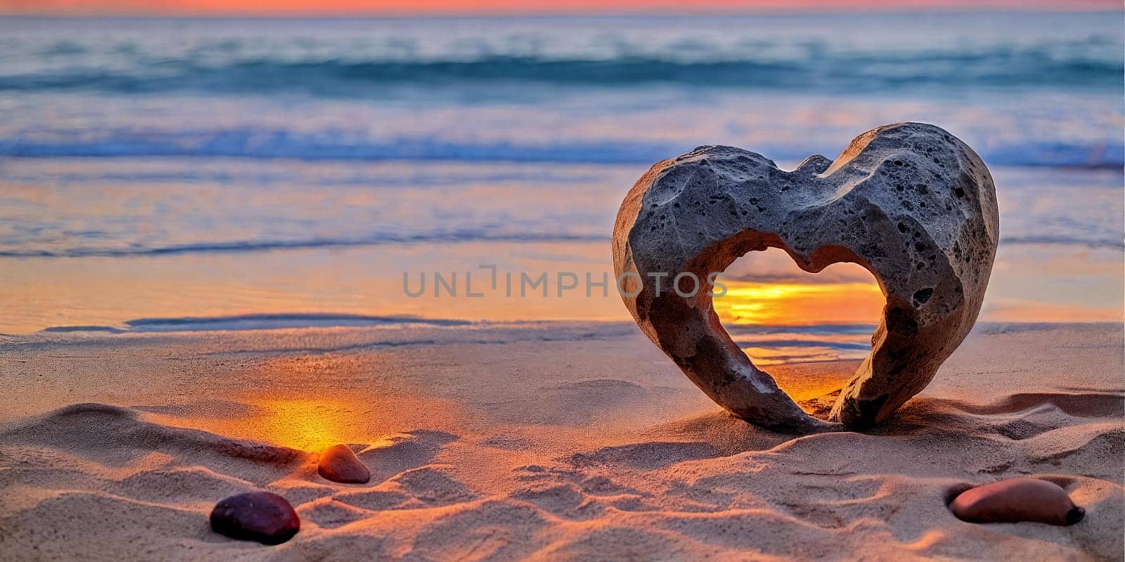 A heart-shaped stone rests on the sandy shore, surrounded by the serene beauty of a beach at sunset.