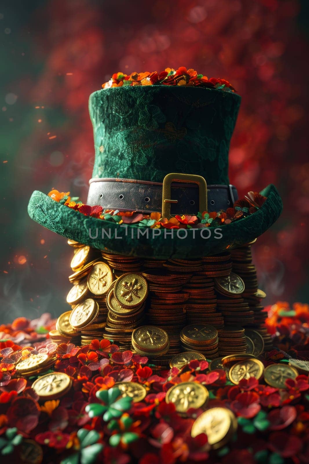 A green Leprechaun hat and gold coins stand out lying on the surface. St. Patrick's Day.