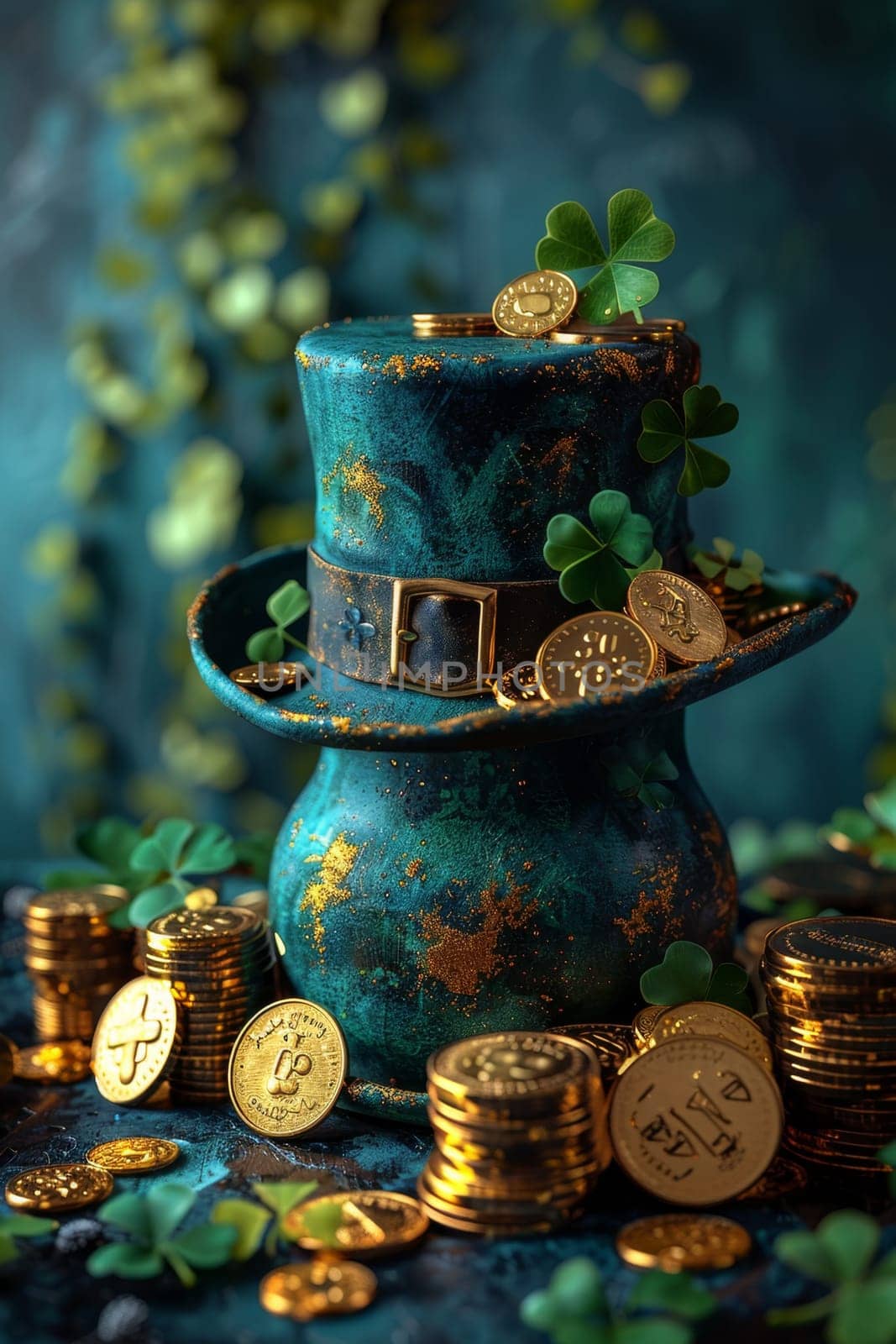 A green Leprechaun hat and gold coins stand out lying on the surface. St. Patrick's Day.