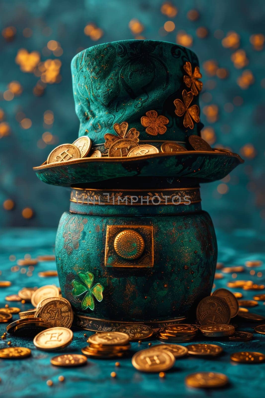 A green Leprechaun hat and gold coins stand out lying on the surface. St. Patrick's Day by Lobachad