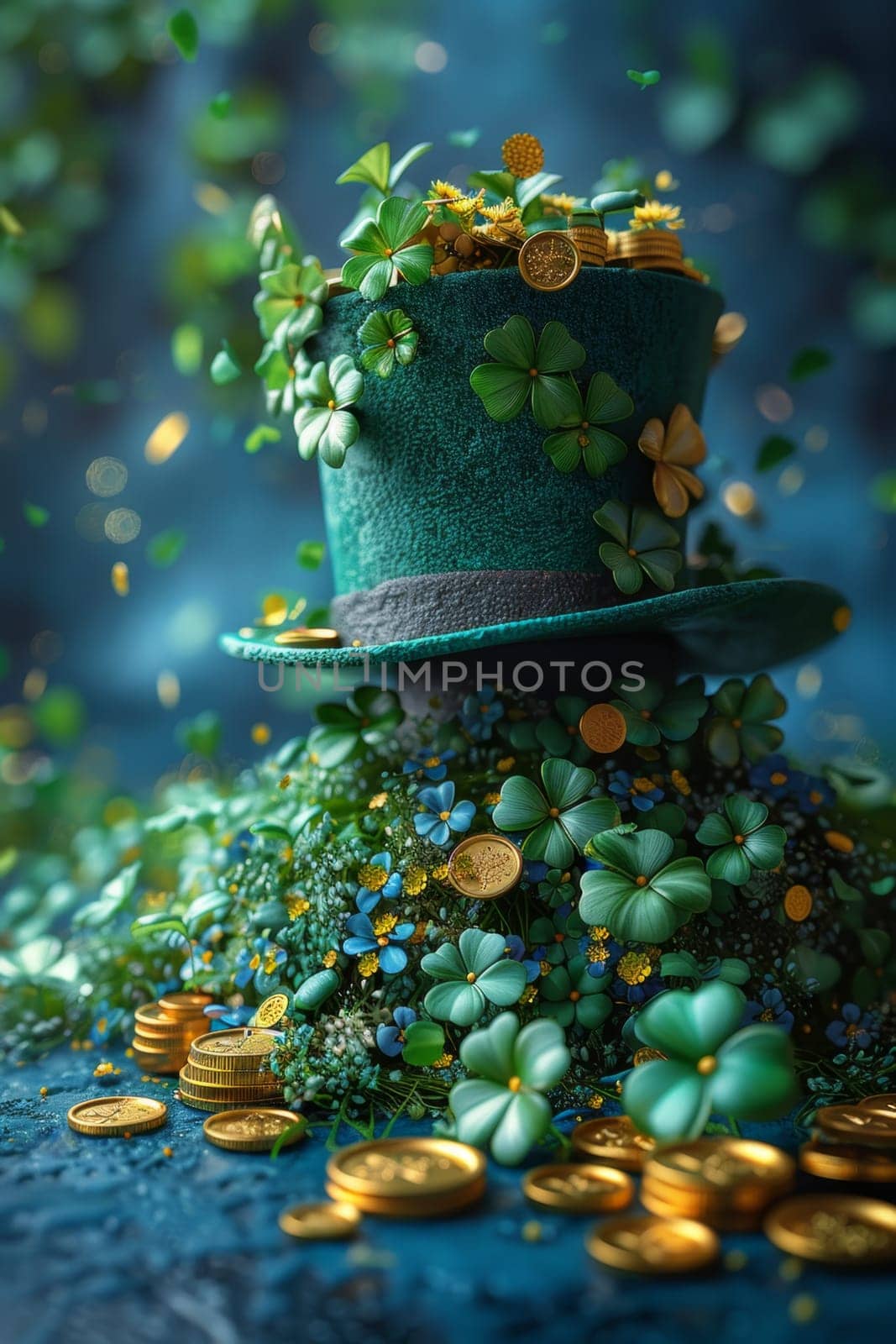 A green Leprechaun hat and gold coins stand out lying on the surface. St. Patrick's Day by Lobachad