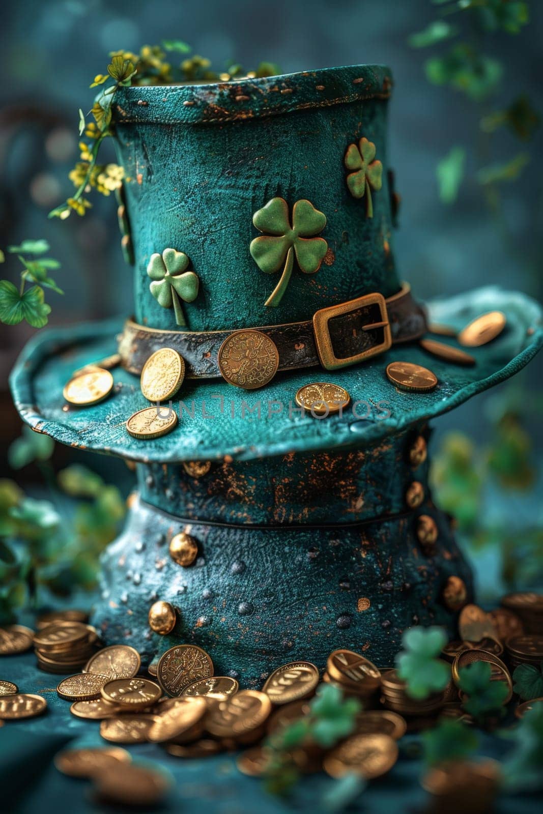 A green Leprechaun hat and gold coins stand out lying on the surface. St. Patrick's Day by Lobachad