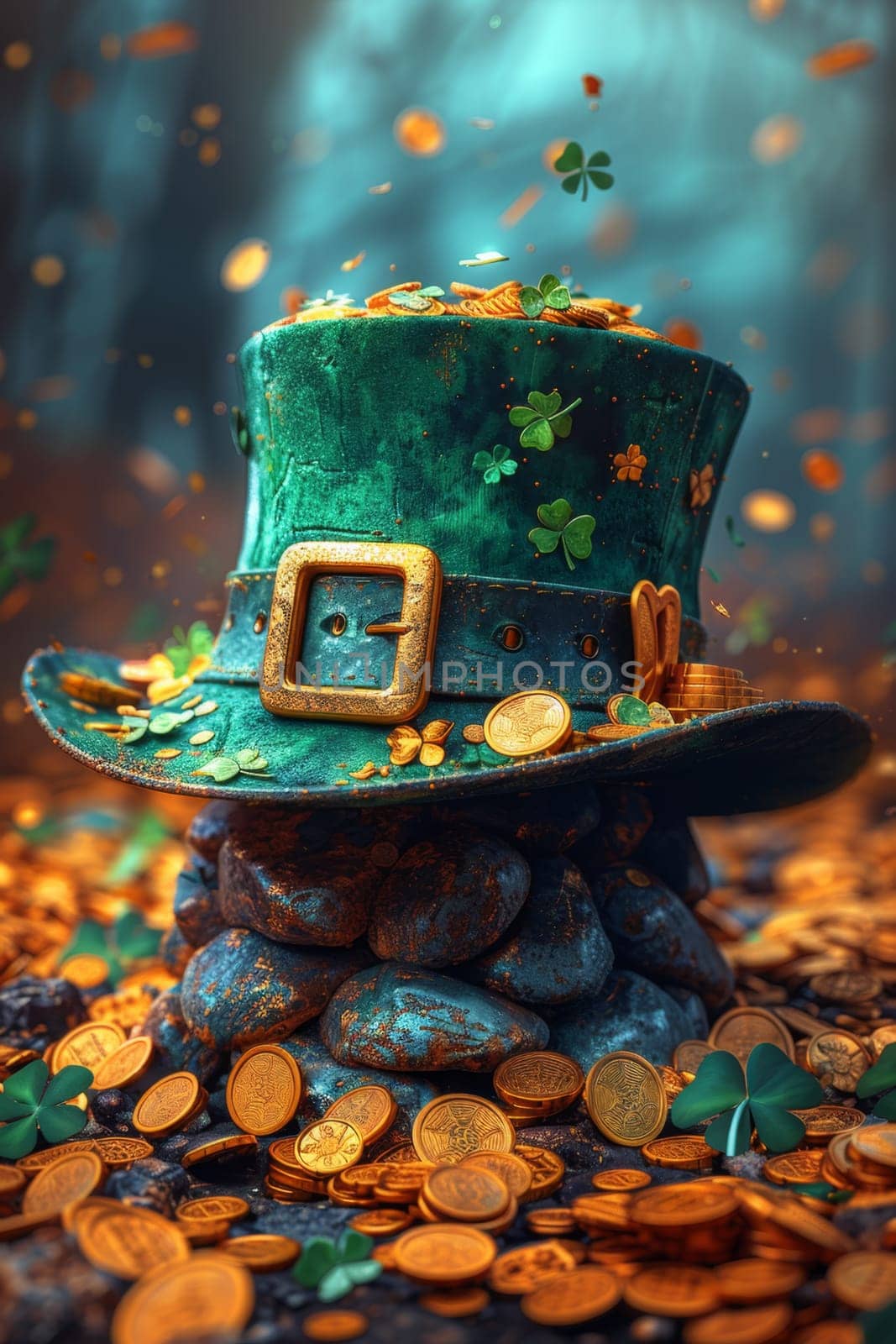 A green Leprechaun hat and gold coins stand out lying on the surface. St. Patrick's Day by Lobachad