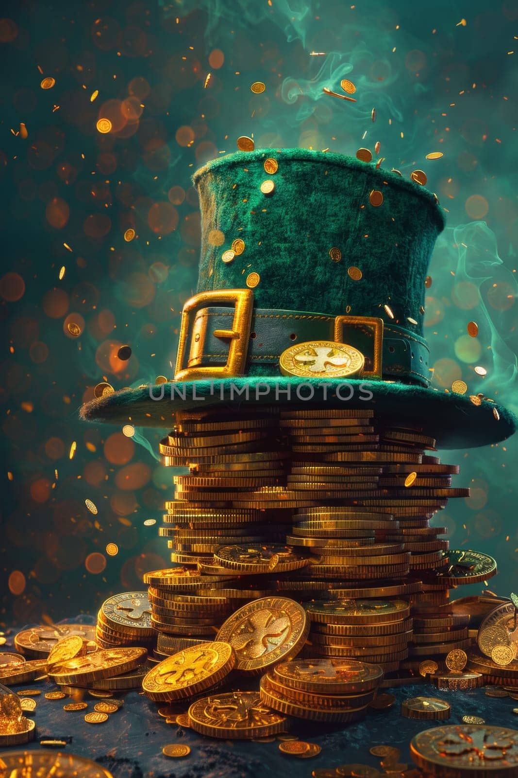 A green Leprechaun hat and gold coins stand out lying on the surface. St. Patrick's Day.