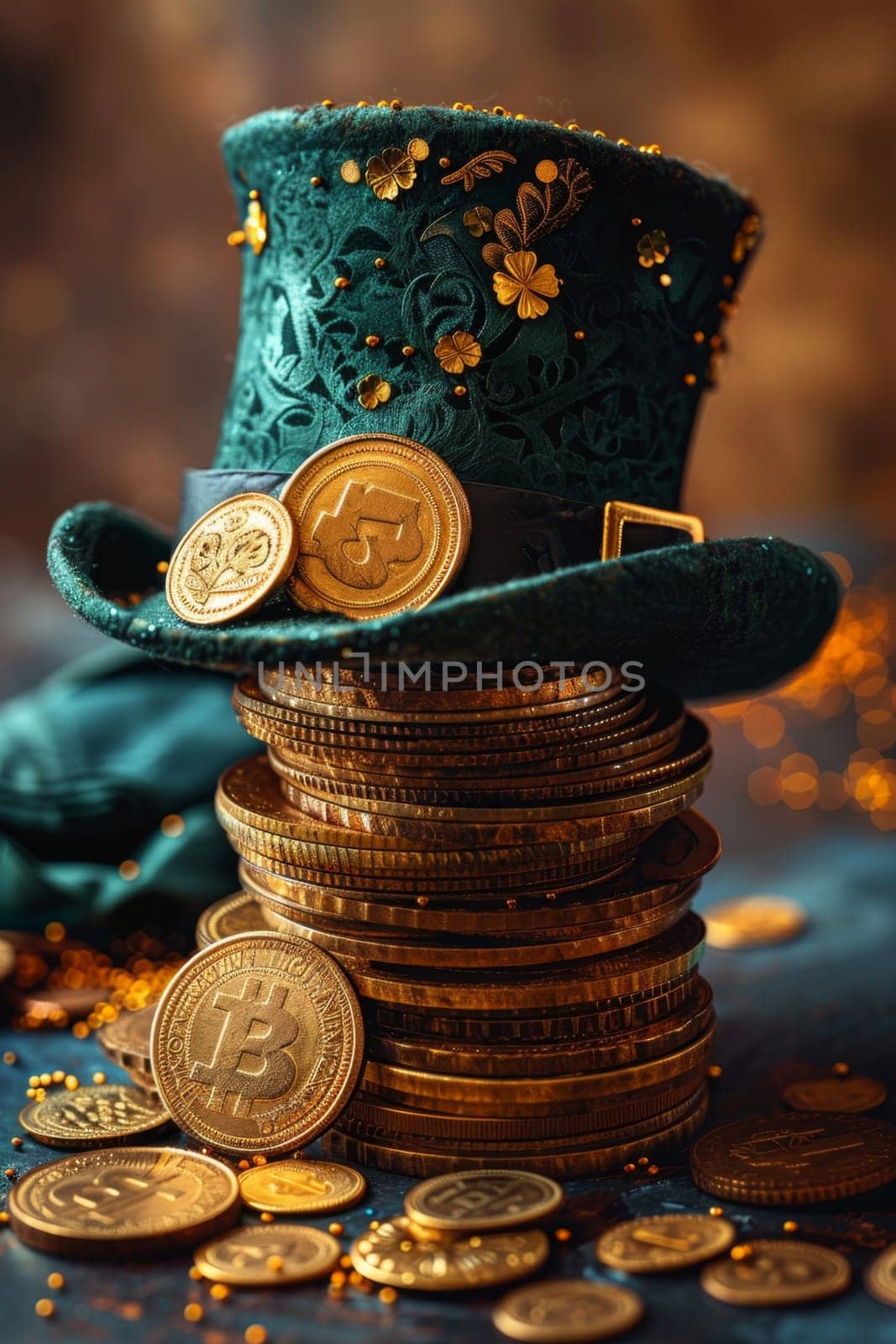 A green Leprechaun hat and gold coins stand out lying on the surface. St. Patrick's Day by Lobachad