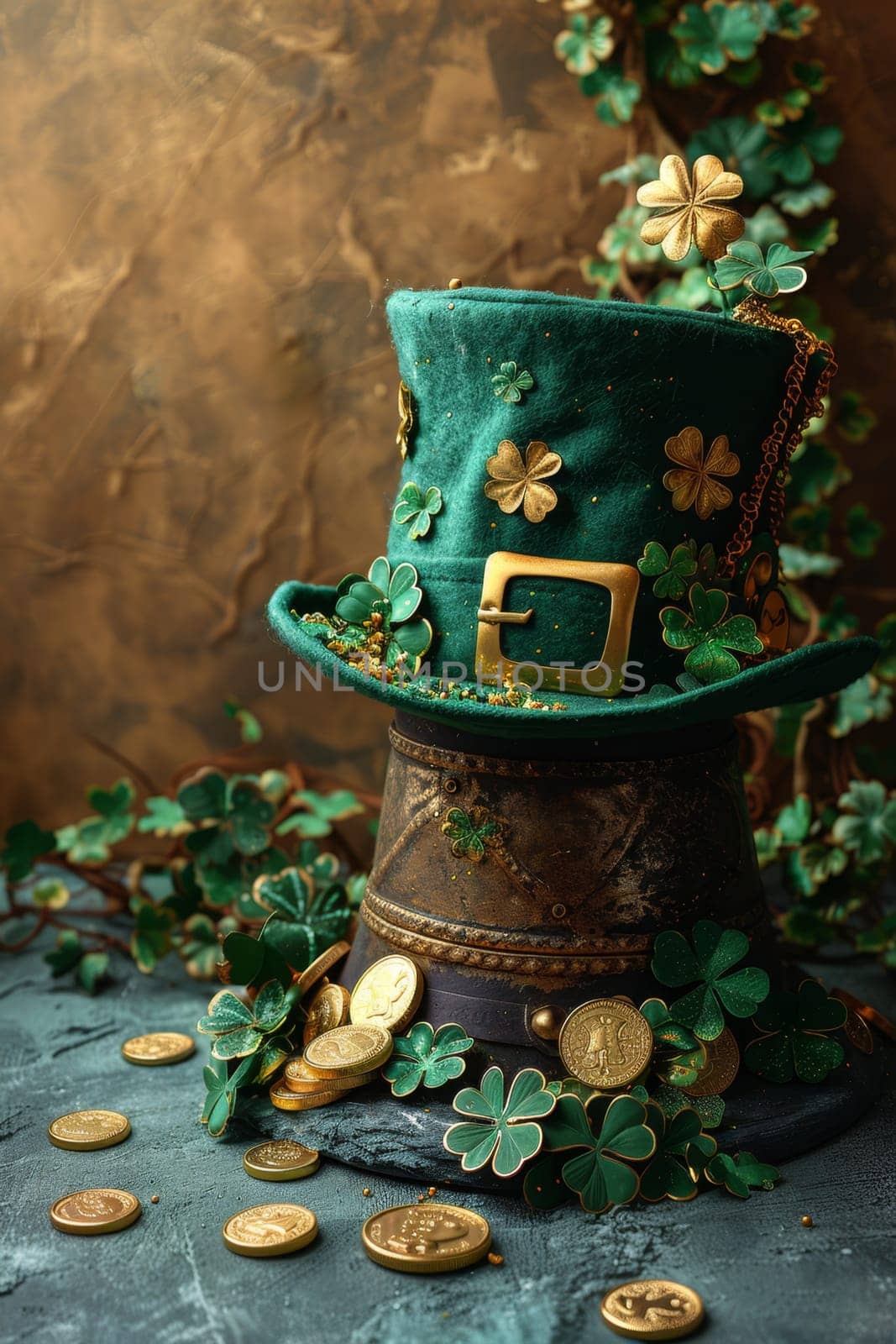 A green Leprechaun hat and gold coins stand out lying on the surface. St. Patrick's Day by Lobachad