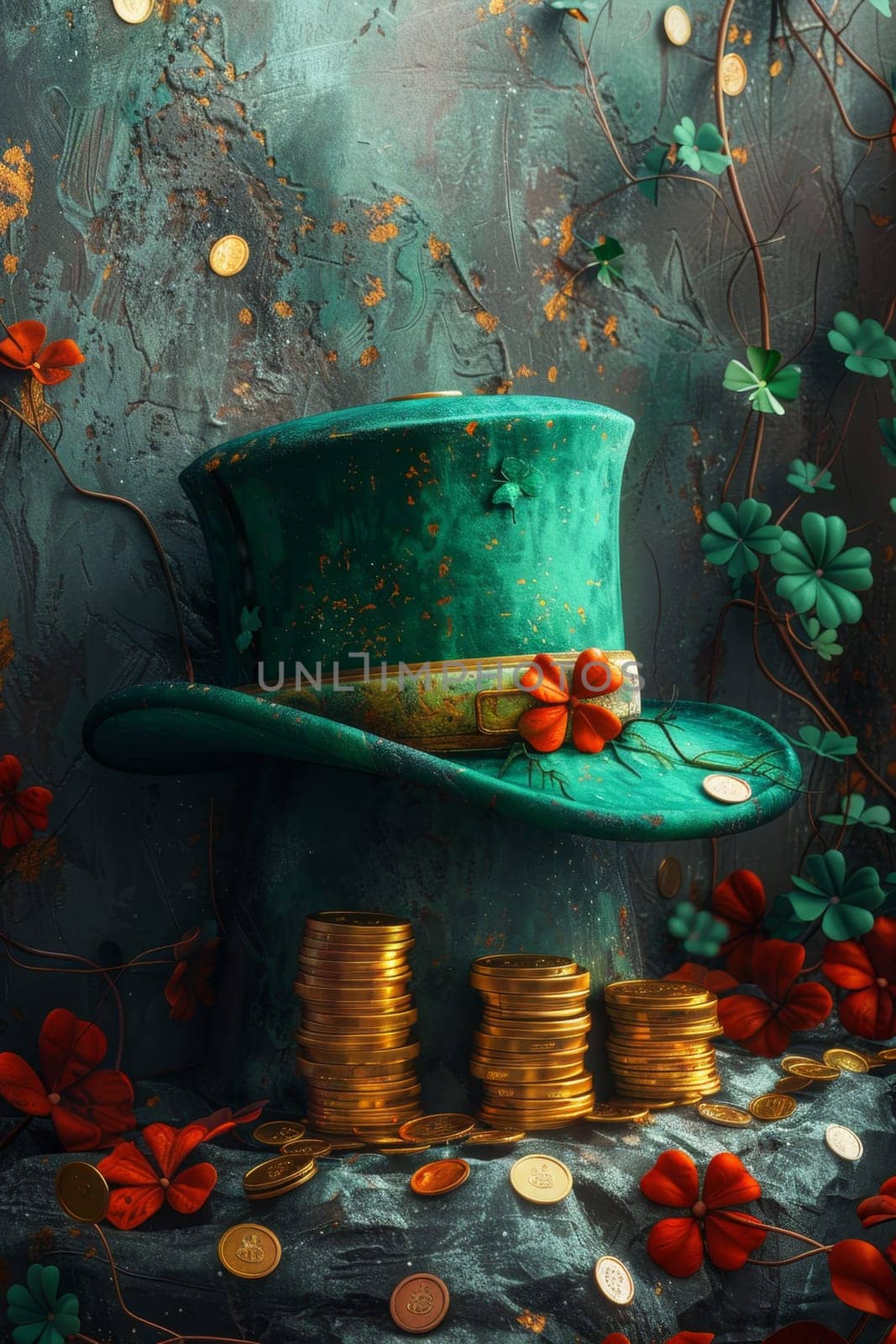 A green Leprechaun hat and gold coins stand out lying on the surface. St. Patrick's Day.