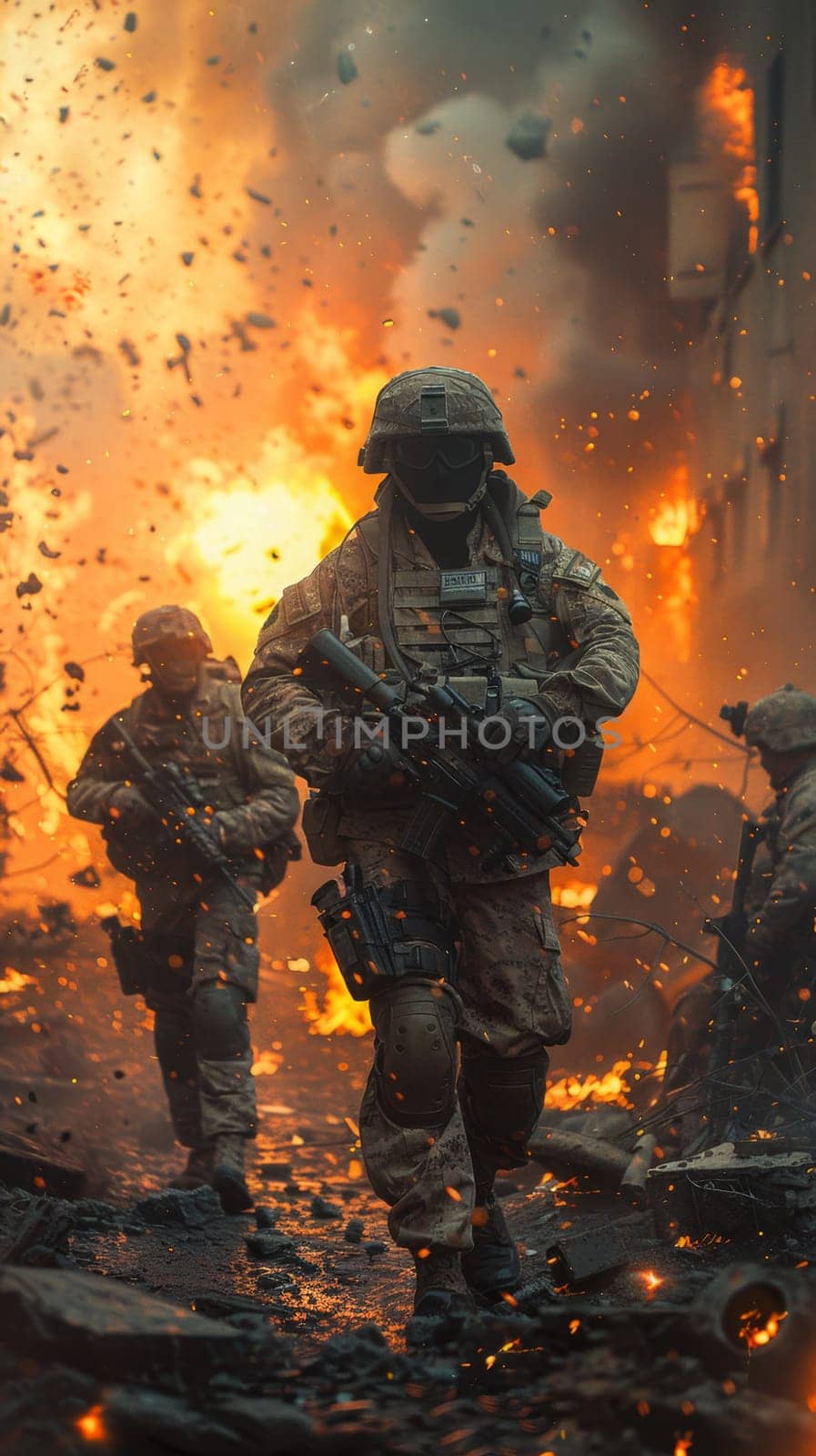 Armed soldiers on the battlefield. Everything explodes and drones fly around. Military actions.