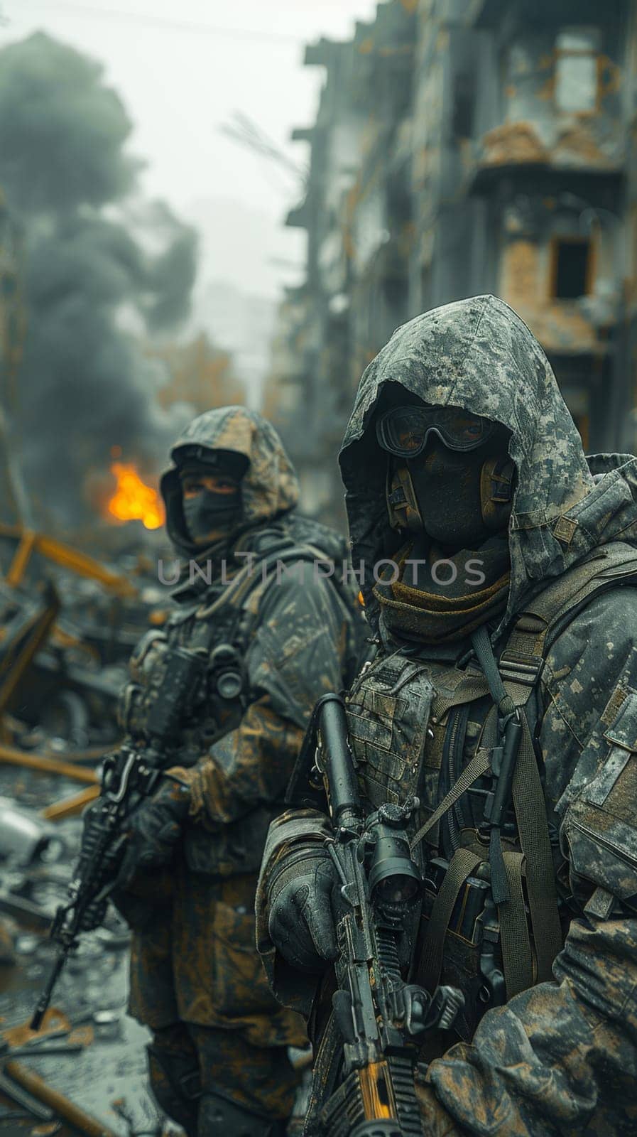 Armed soldiers on the battlefield. Everything explodes and drones fly around. Military actions.