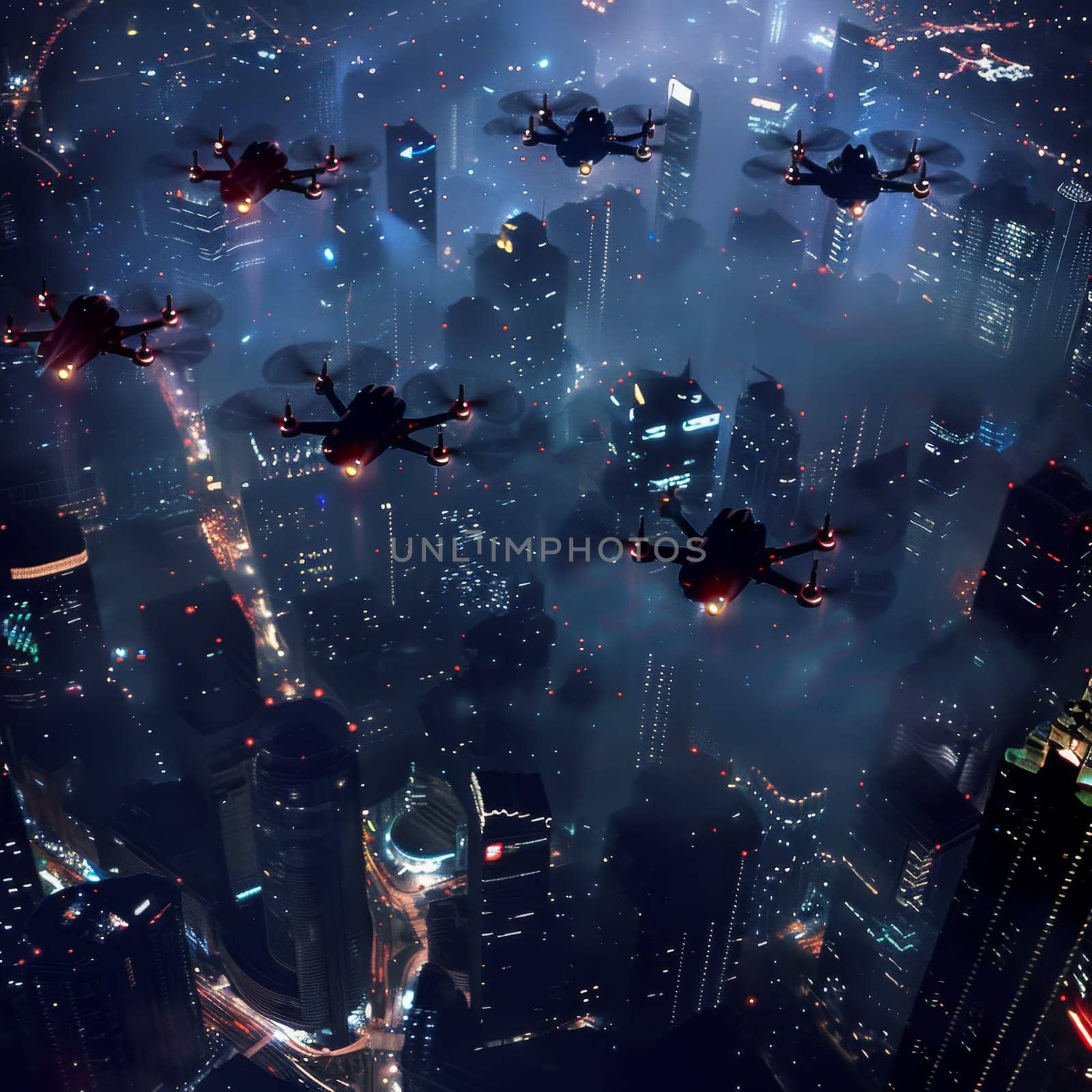 Quadrocopters patrol over the city at night.