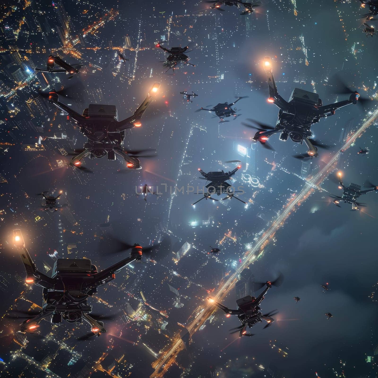 Quadrocopters patrol over the city at night by Lobachad