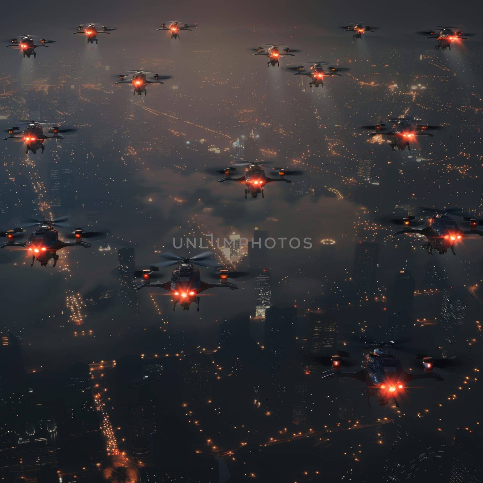 Quadrocopters patrol over the city at night.