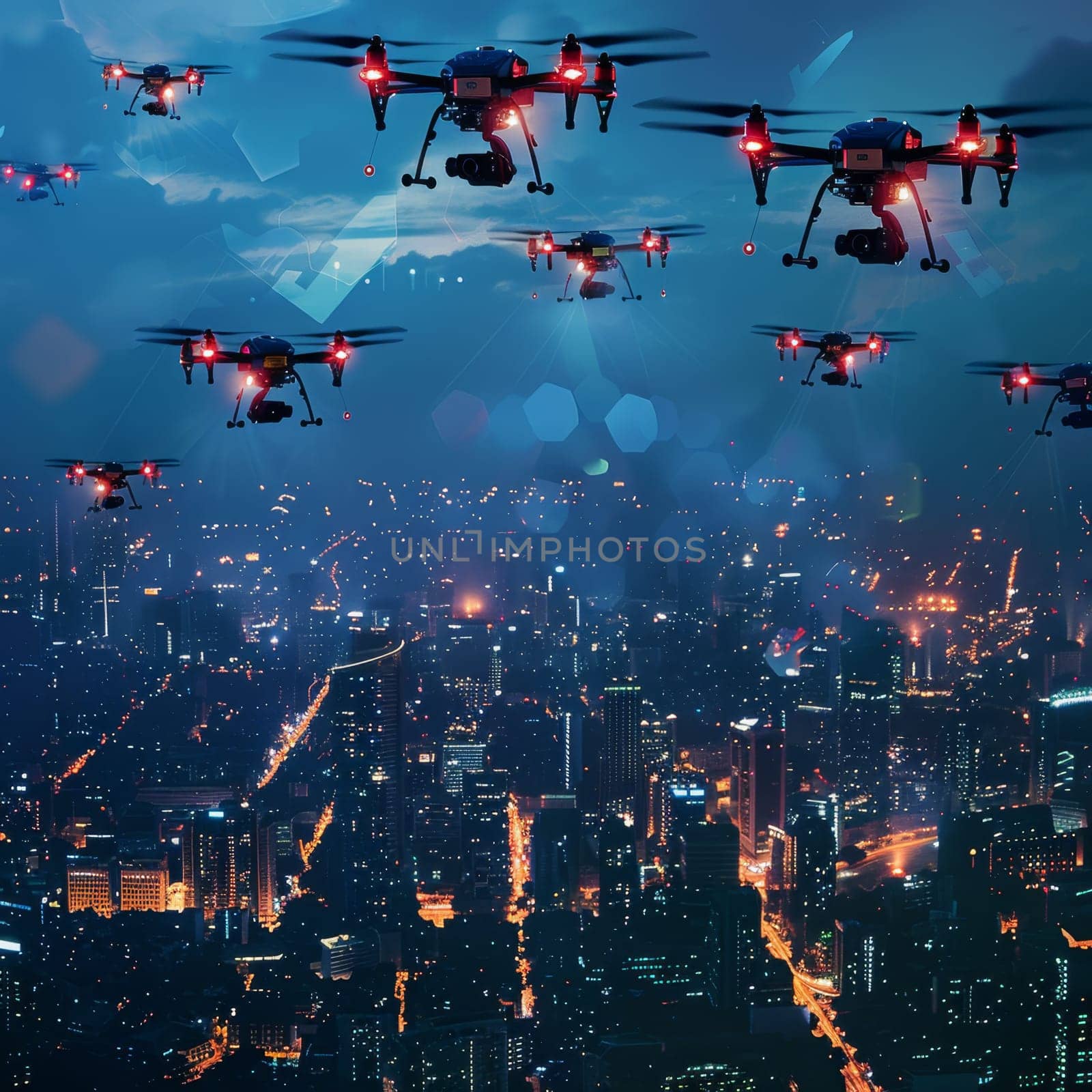 Quadrocopters patrol over the city at night.
