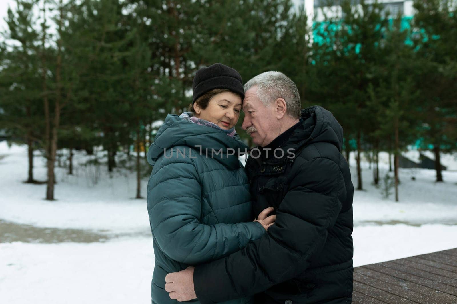 Cute retired couple walking in the park and hugging each other in winter park.