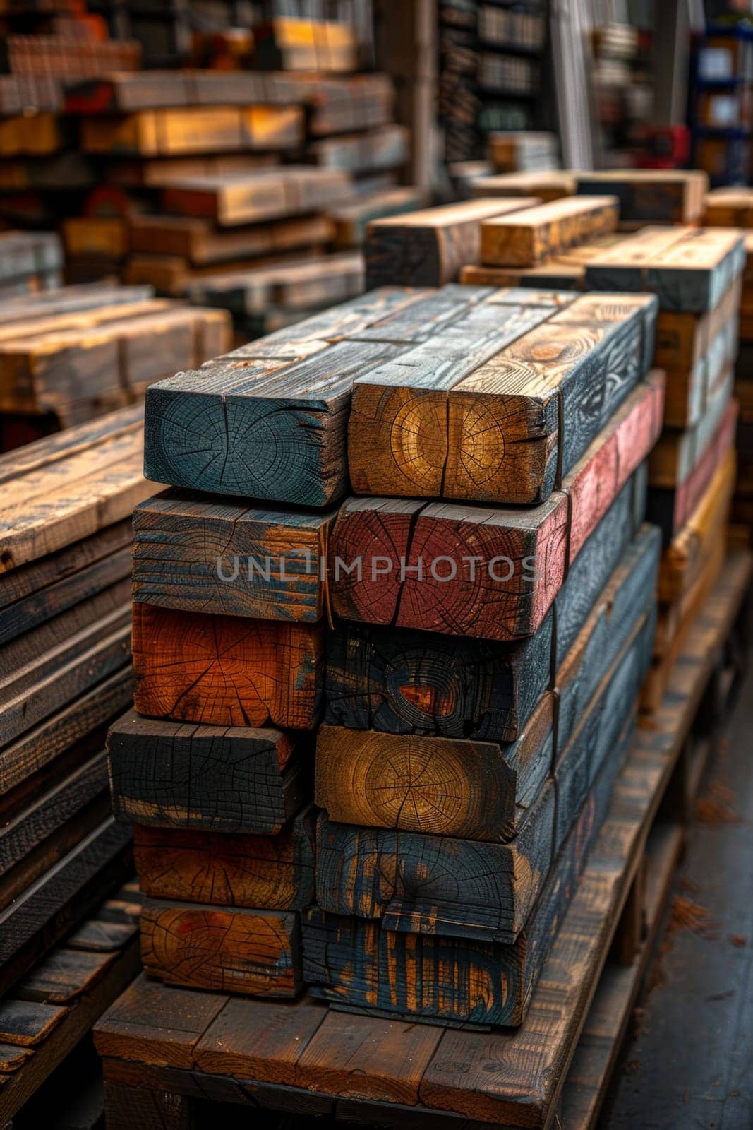 Stacks of wooden planks at the sawmill. A warehouse for storing boards at a sawmill . Lumber in stock by Lobachad