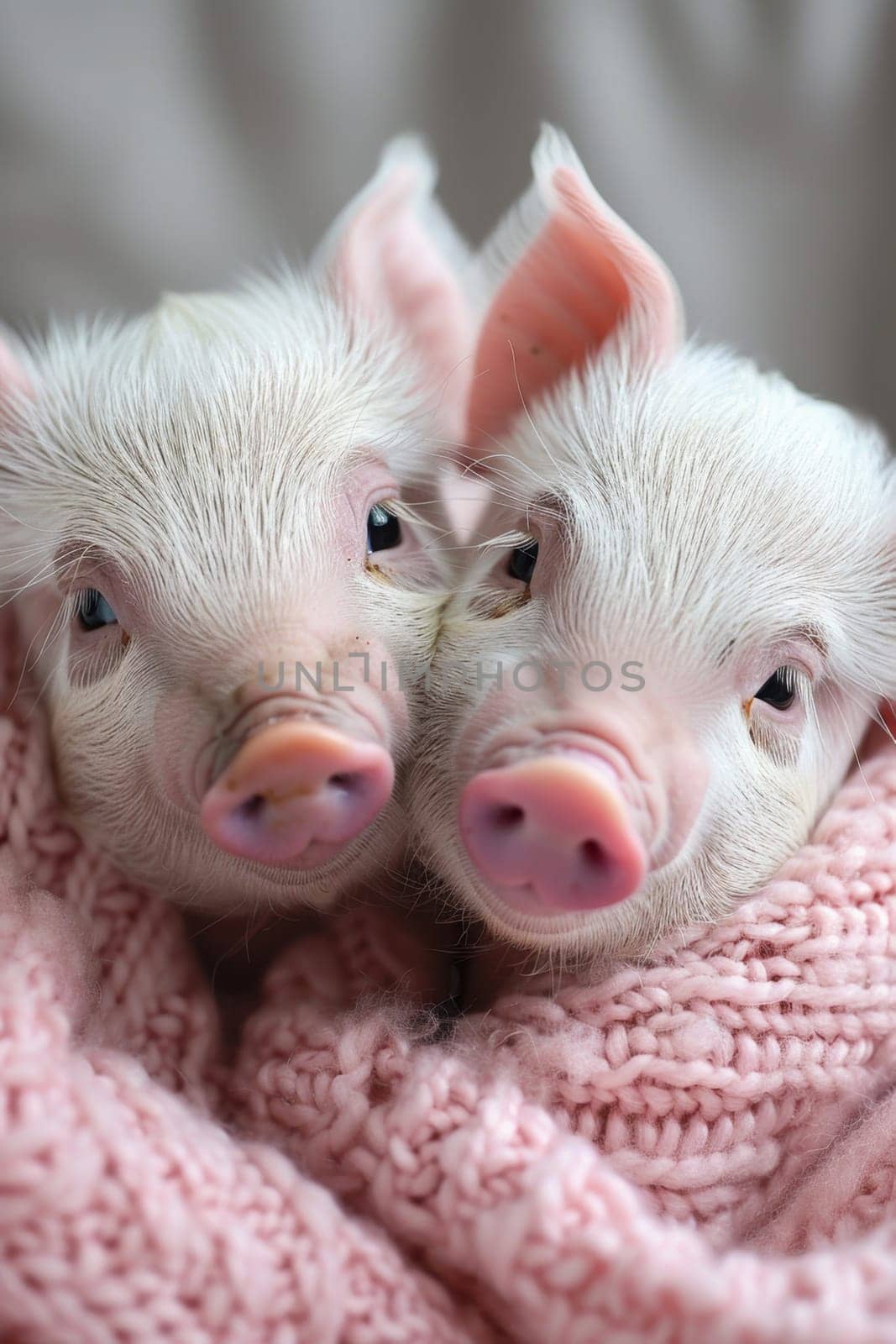 Two little pigs are lying in bed at home by Lobachad