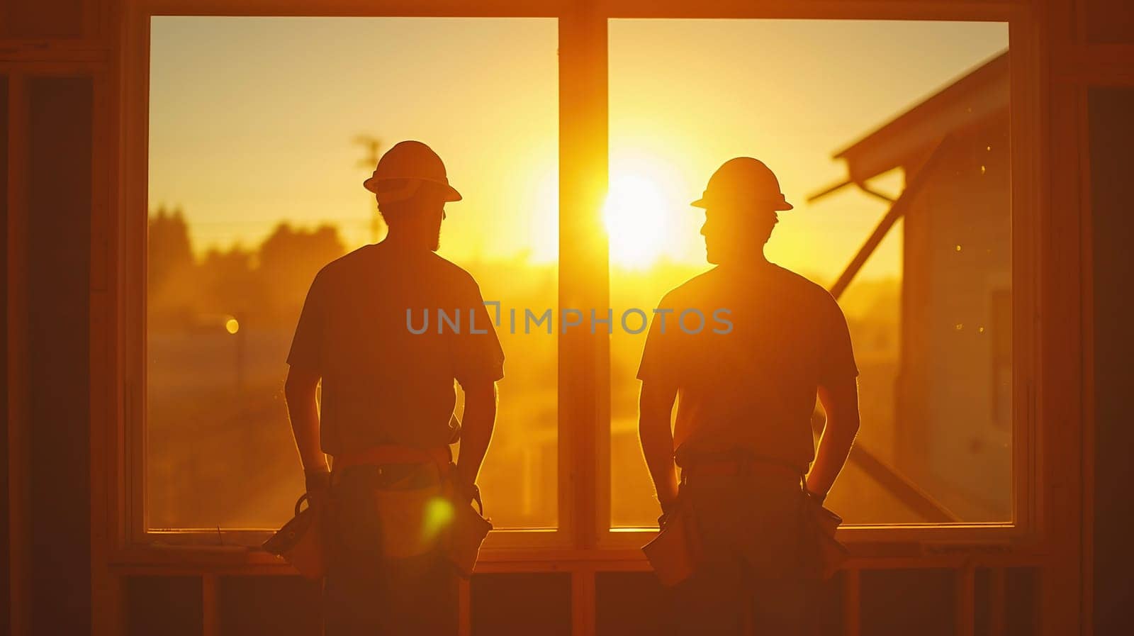 Two men dressed in shirts, orange work vests and helmets explore construction documentation on the building site near the wooden building constructions by Andelov13